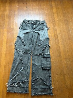 ROMWE Washed Grey Distressed Patchwork Wide-Leg Jeans